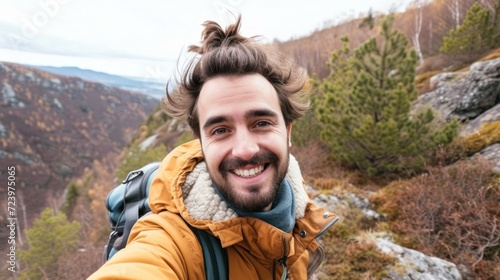 Handsome Male Hiker Taking Selfie on a Mountain Peak Generative AI
