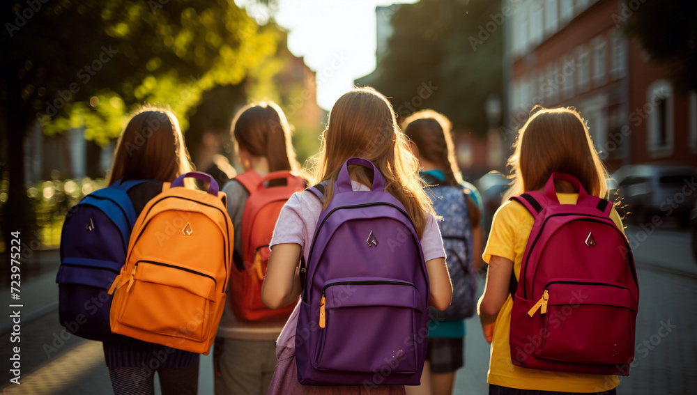 a group of kid's returning to school with new backpacks a group of kid's returning to school with new backpacks