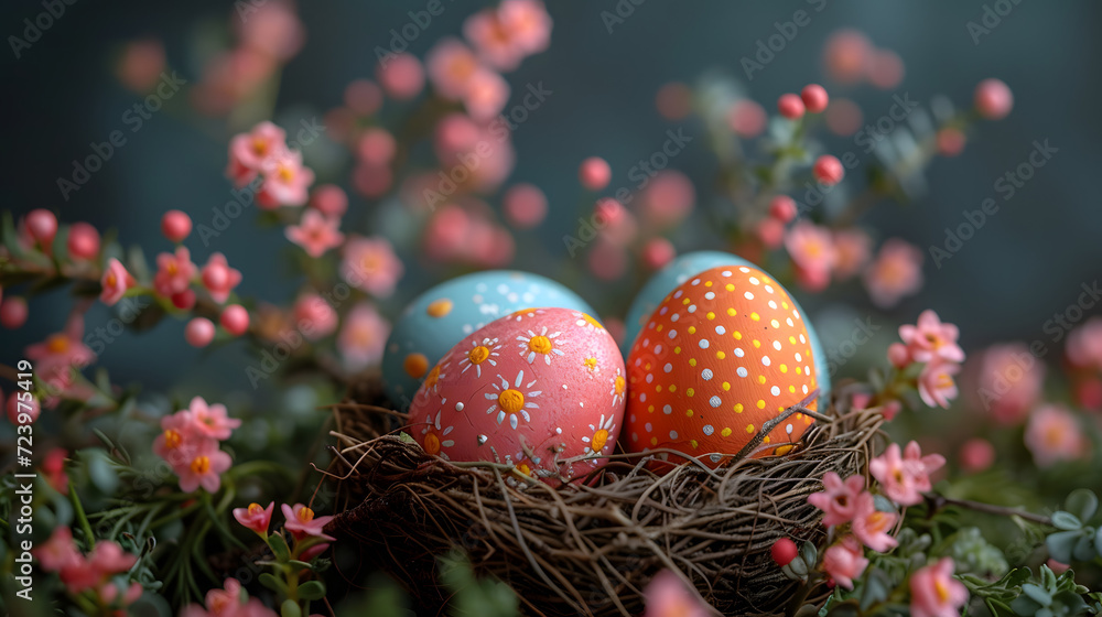 Three Painted Eggs in a Nest With Pink Flowers Three Painted Eggs in a Nest With Pink Flowers