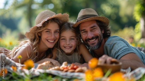 Pique-nique joyeux en plein air avec des parents et leurs enfants