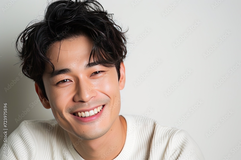Radiant and cheerful Asian young man showcasing a warm smile against a clean, white background Radiant and cheerful Asian young man showcasing a warm smile against a clean, white background