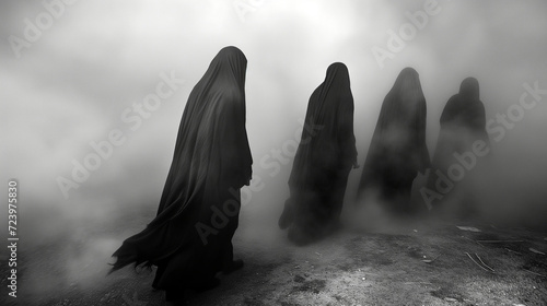 Ethereal Fantasy Scene: Hooded Figures on a Mysterious Road in the Mist
