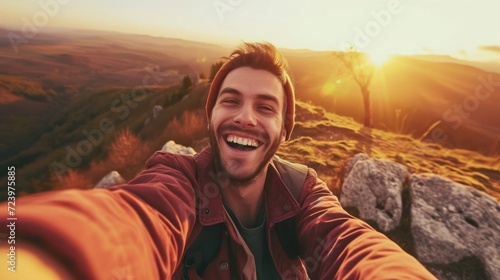 Handsome Hiker Captures Selfie on Mountain Summit Generative AI