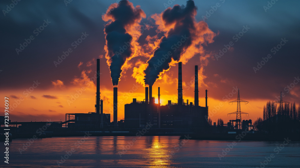 Industrial Landscape at Dusk: Smokestacks and Pollution Against Vibrant Sunset Sky
