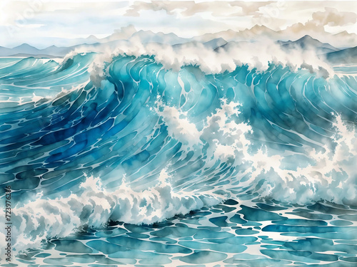 Abstract watercolor ocean / sea waves storm wallpaper pastel painting backdrop horizontal banner 