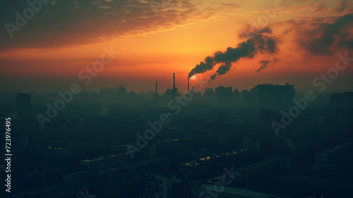 A city skyline with a factory releasing pollution into the air.