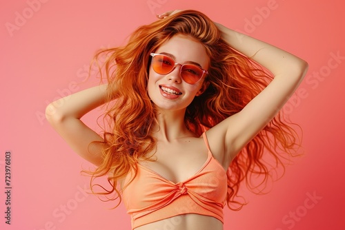 Excited good-looking girl in sunglasses dancing in studio. Ginger blissful woman posing on rosy background with hair waving.