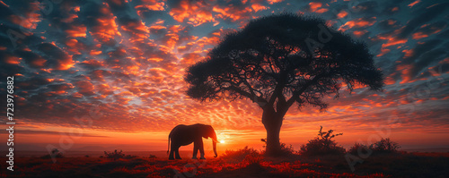 Silhouette of large acacia tree in the savanna plains with elephant. African sunset or sunrise. Wild nature, Kenya panoramic view. Black history month concept. World rhino day. Animal protection photo