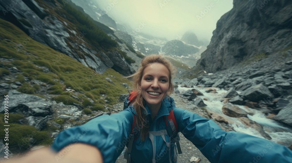 Female Hiker Captures Selfie in the Majestic Mountains Generative AI