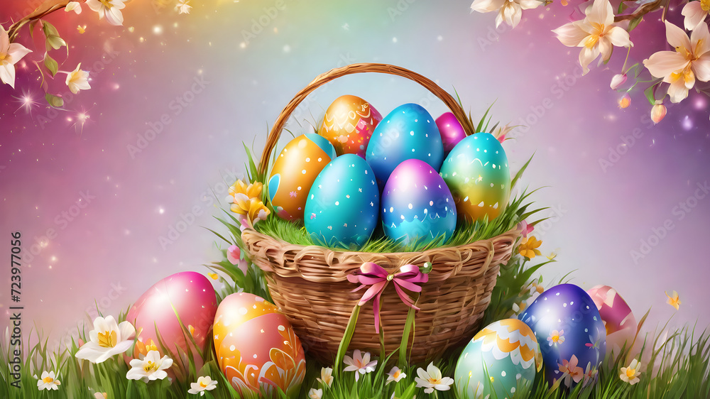 Basket of Colorful Easter Eggs in Spring Grass Basket of Colorful Easter Eggs in Spring Grass