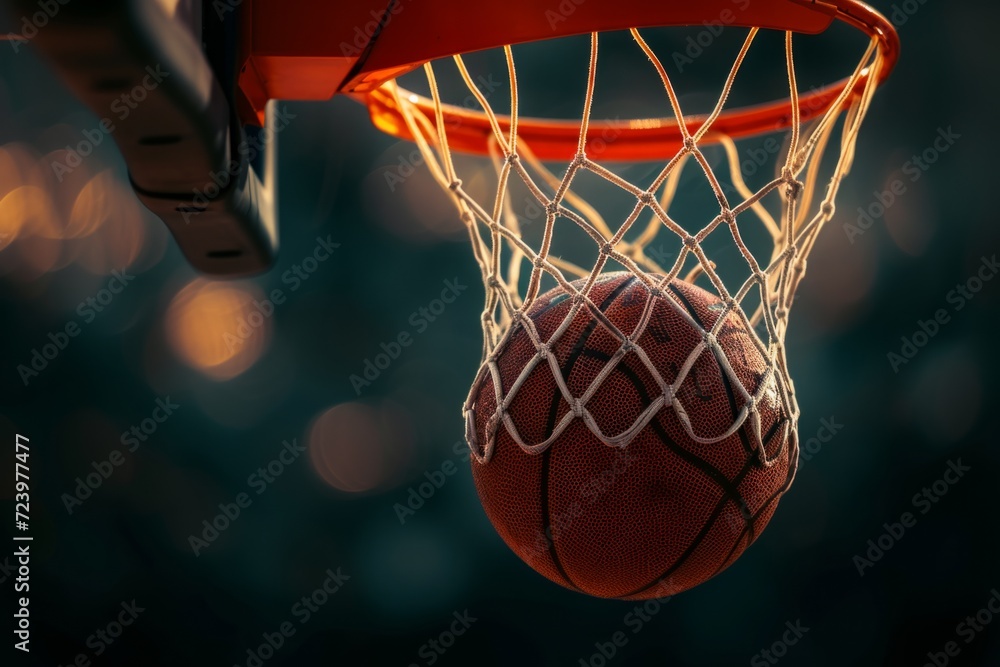 Digitally Created Image Of Basketball Perfectly Swishing Through Dark Net