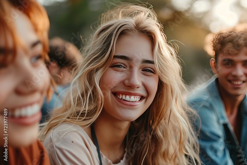 Group of trendy young people chatting together sitting on a bench outdoors. Students having fun together. Focus on a blonde girl smiling with open mouth