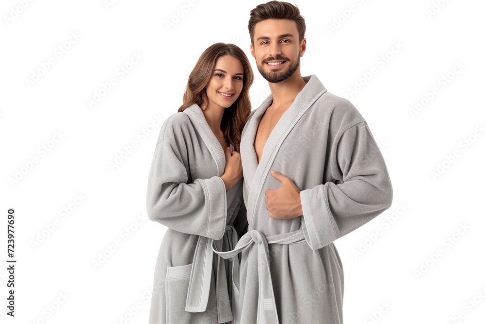 A Couple Wearing Matching Grey Bathrobes Against A White Background A Couple Wearing Matching Grey Bathrobes Against A White Background