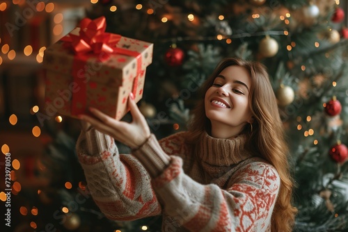Happy woman throwing gift box near Christmas tree at home