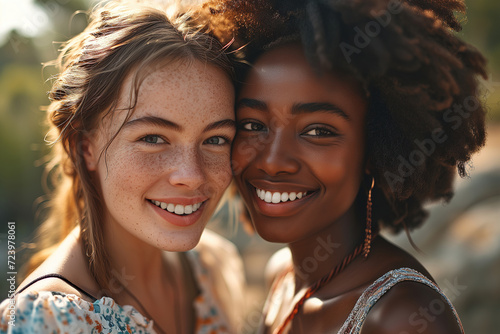 Portrait of happy girlfriends together diversity friendship summer lifestyle, smiling caucasian and african american women outdoors photo