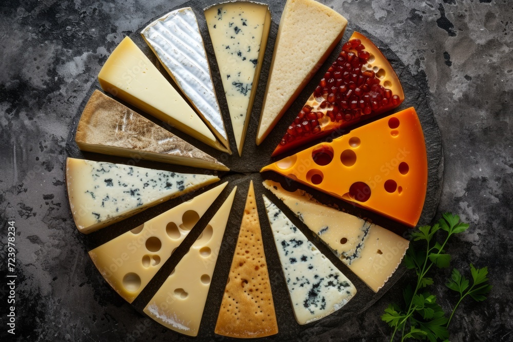 Aesthetic Cheese Display: A Modern And Vibrant Assortment Of Cheese Products Allows For Perfect Symmetrical Composition And Central Focus With Ample Copy Space