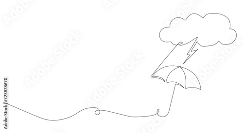 Continuous drawing of lines. Clouds with a thunderstorm over an umbrella. Weather conditions. Black isolated on a white background. Hand drawn vector illustration.