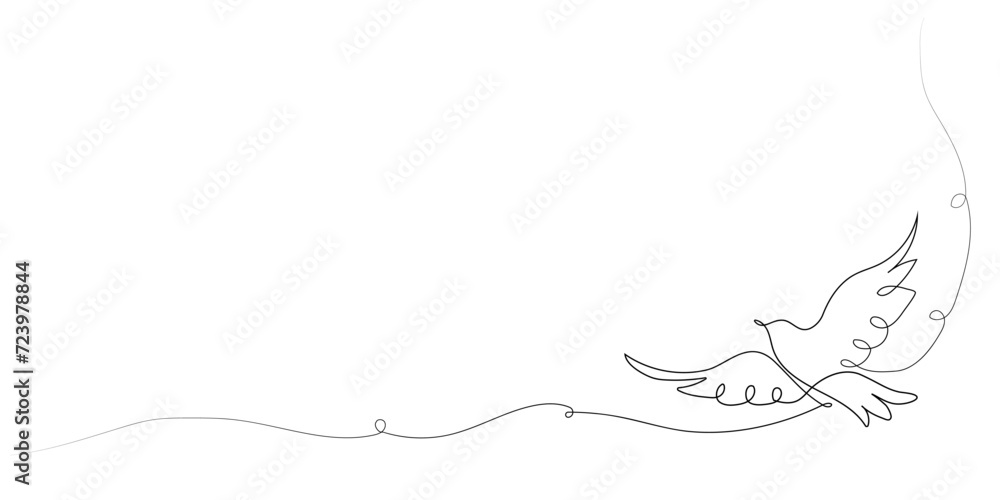 One continuous line drawing of a flying pigeon, background. Bird symbol of peace and freedom in simple linear style One continuous line drawing of a flying pigeon, background. Bird symbol of peace and freedom in simple linear style
