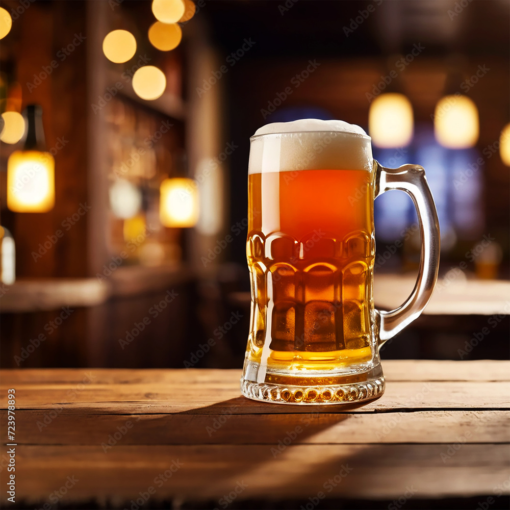 Beer Day glass of beer on table Craft beer mockup Beer Glass on a classic wooden table vintage bokeh blur Bar background close up beer mug with copy space beer bottle mock up restaurant background