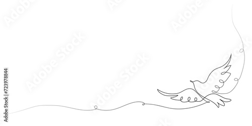 One continuous line drawing of a flying pigeon, background. Bird symbol of peace and freedom in simple linear style