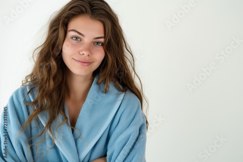 Beautiful Young Woman In Blue Bathrobe On White Background