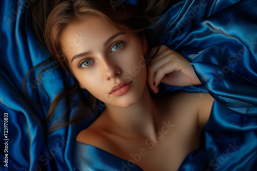 Beautiful Young Woman In Blue Silk Robe