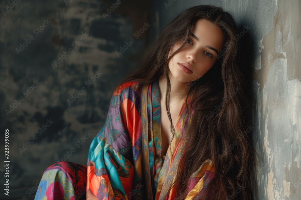 Beautiful Young Woman In Colorful Silk Robe