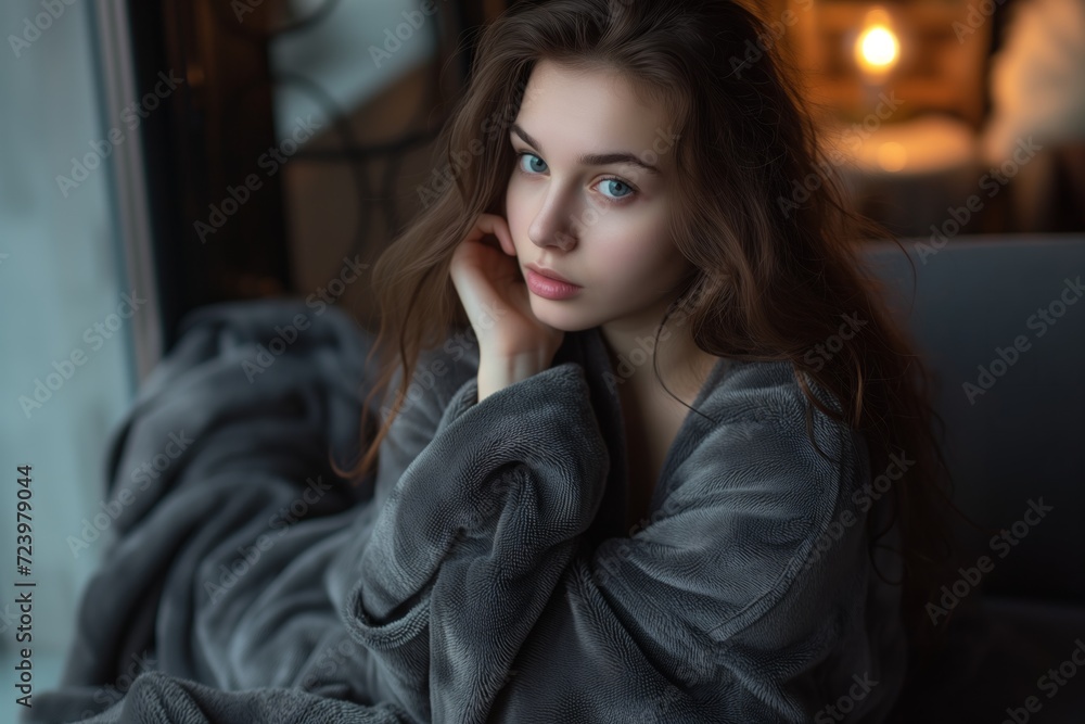 Fototapeta premium Beautiful Young Woman In Dark Gray Bathrobe