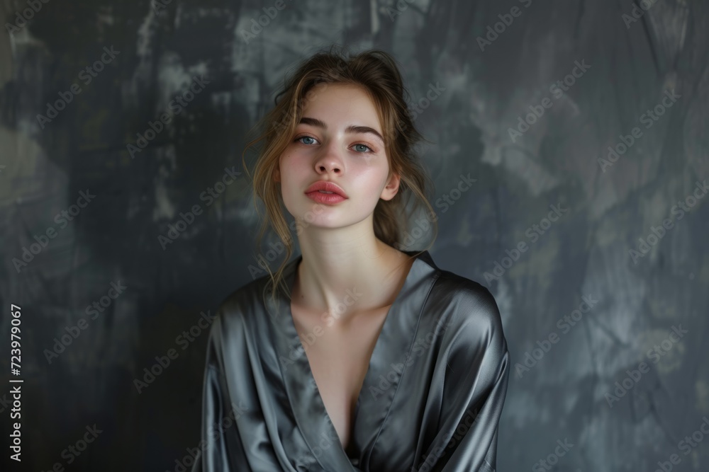 Elegant Young Woman Adorned In Dark Gray Silk Robe Elegant Young Woman Adorned In Dark Gray Silk Robe