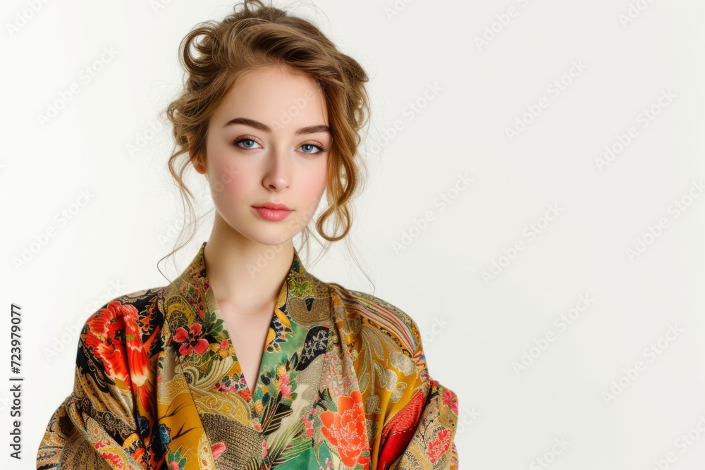 Beautiful Young Woman In Colorful Silk Robe On White Background Beautiful Young Woman In Colorful Silk Robe On White Background