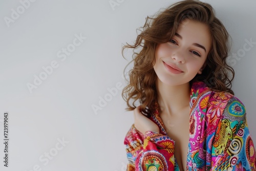 Vibrant Young Woman Poses In Colorful Bathrobe Against White Background