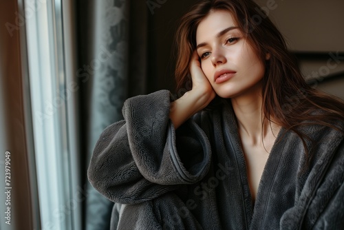 Elegantly Adorned Young Lady In Charcoal Bathrobe