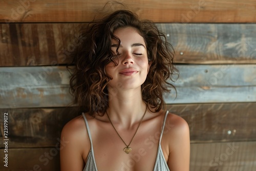 Relaxed woman with eyes closed sitting near wooden wall at home