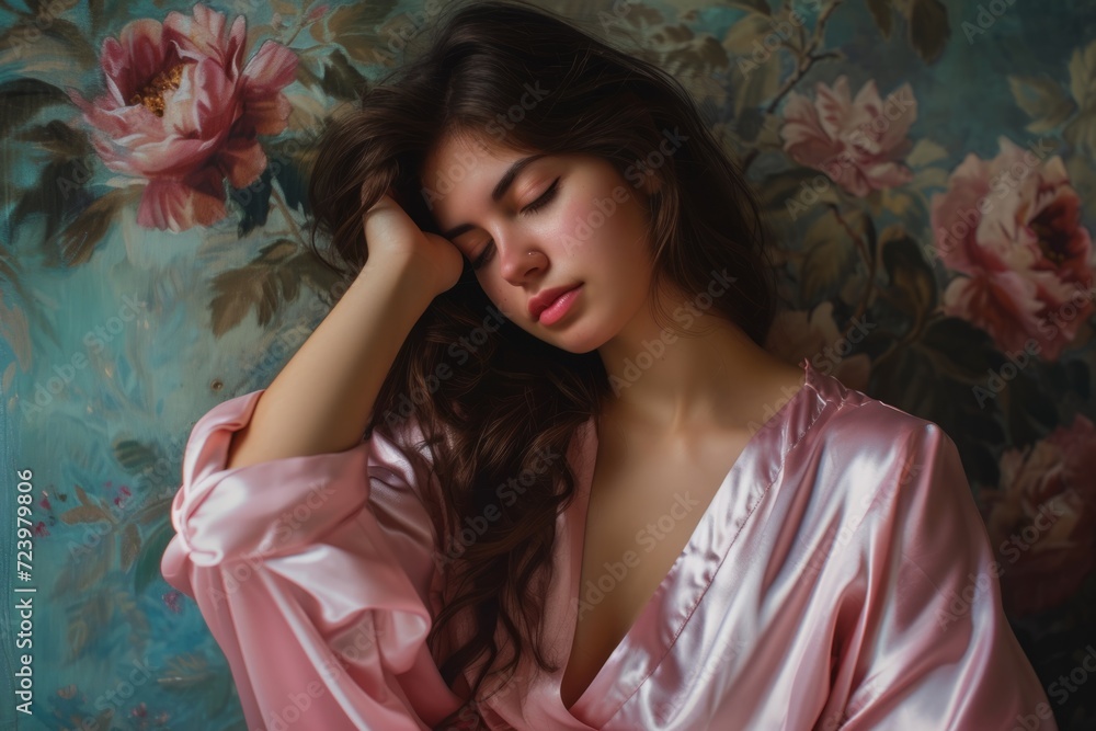 Beautiful Young Woman In Pink Silk Robe