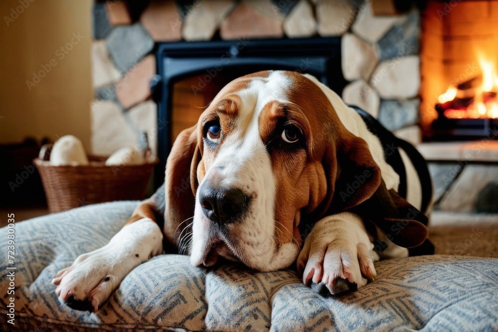 Elderly basset hound lightly snoring on dog bed in living room near lit stone fireplace.