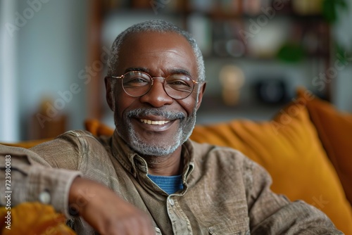 Smiling man sitting at home photo