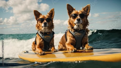 Happy dogs with sunglasses on surfboard in ocean	 photo