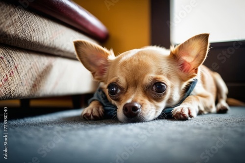 Tiny chihuahua comfortably asleep under chair tucked between table leg and cushion. © Adrin