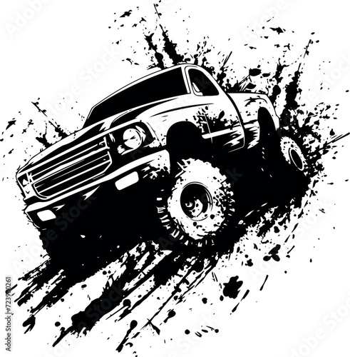 Bold black and white graphic highlighting the offroad car's silhouette navigating through mud.