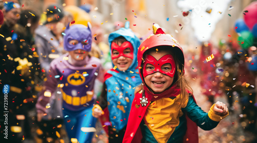 des enfants déguisés pour mardi gras défilent dans la rue