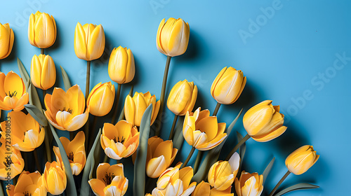 Obraz na płótnie Yellow tulips against a blue background (Generative AI) w salonie