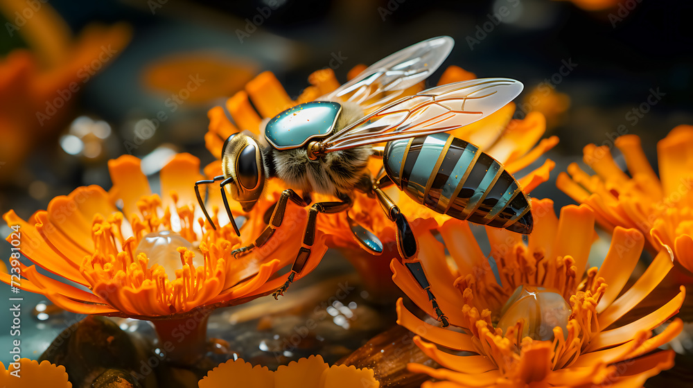semi-mechanical bee with AI for pollinating flowers (Generative AI)