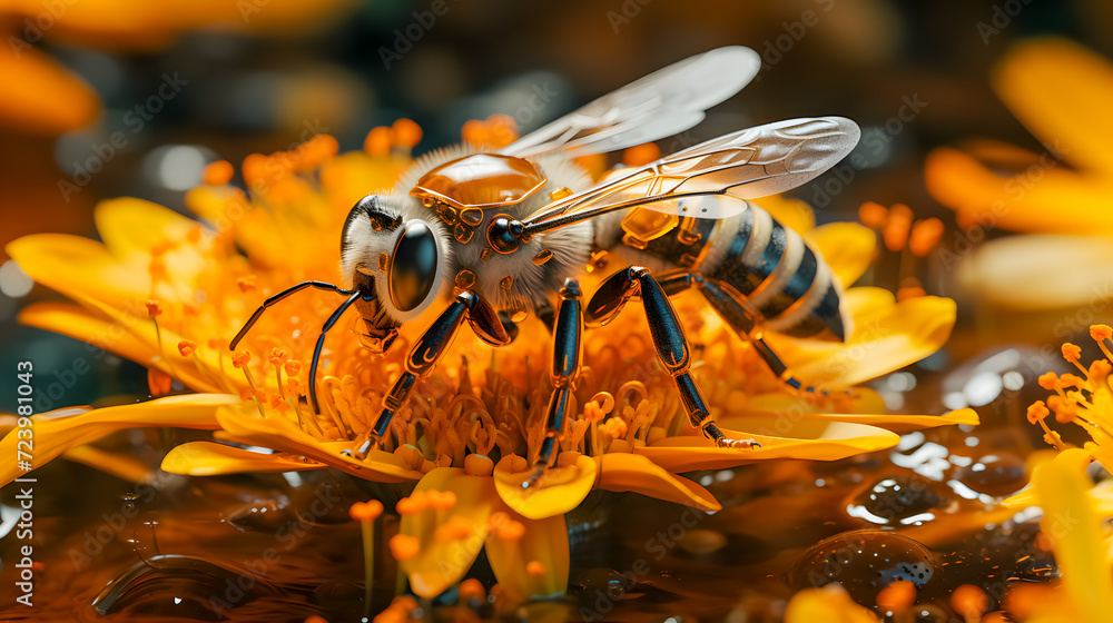 semi-mechanical bee with AI for pollinating flowers (Generative AI)
