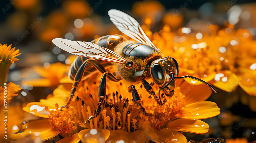 semi-mechanical bee with AI for pollinating flowers (Generative AI)