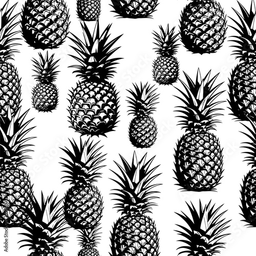 monochrome black and white pineapple - Seamless pattern, realistic sketch, laconic, minimalistic vintage style , vector botanical seamless background
