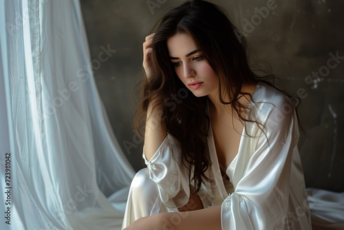 Elegant Young Woman Embraced In White Silk Robe