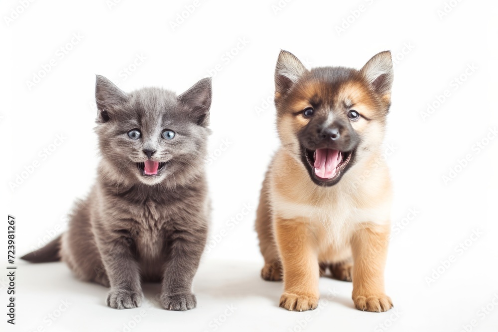 Perfectly Balanced, Symmetrical Photo Of A Playful Puppy And Calm Gray Cat On A White Background With Copy Space
