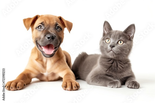 Perfectly Symmetrical Photo Of A Happy Puppy And Gray Cat On A White Background With Copy Space