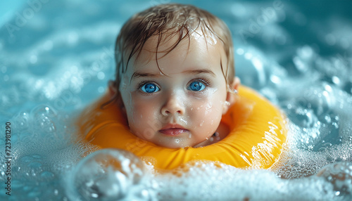 Baby floating wearing a donut. Baby enjoying in the jacuzzi. Spa for babies. Hydrotherapy session for children. Baby swimming. Baby float. Popular activity massage for babies