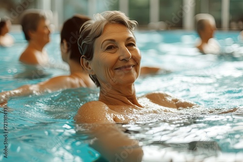 Active mature women enjoying aqua gym class in a pool
